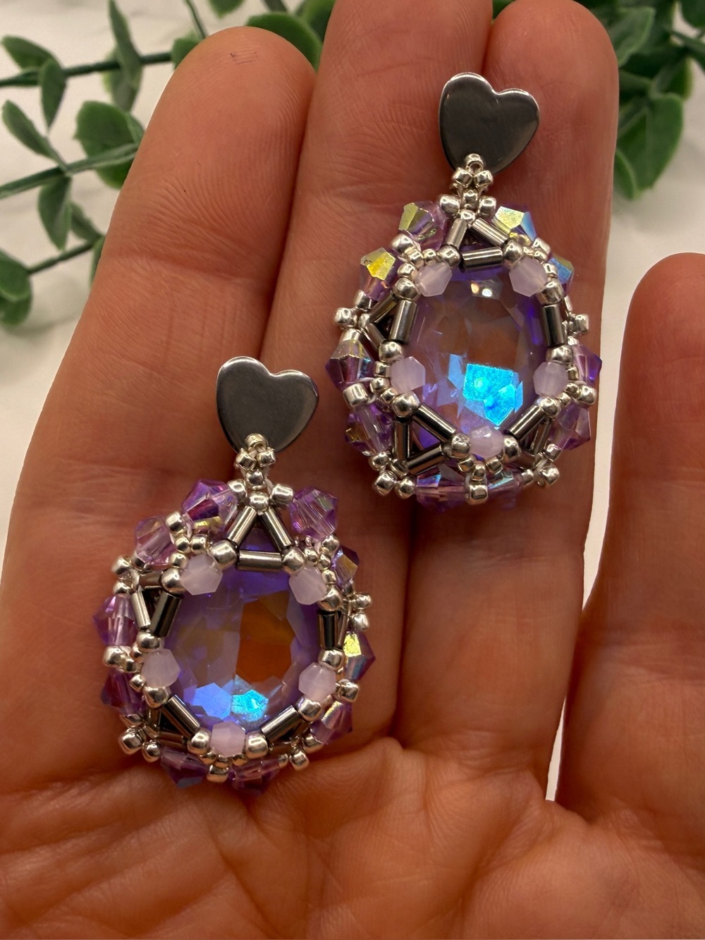 Purple Crystal Teardrop Earrings with Heart Studs